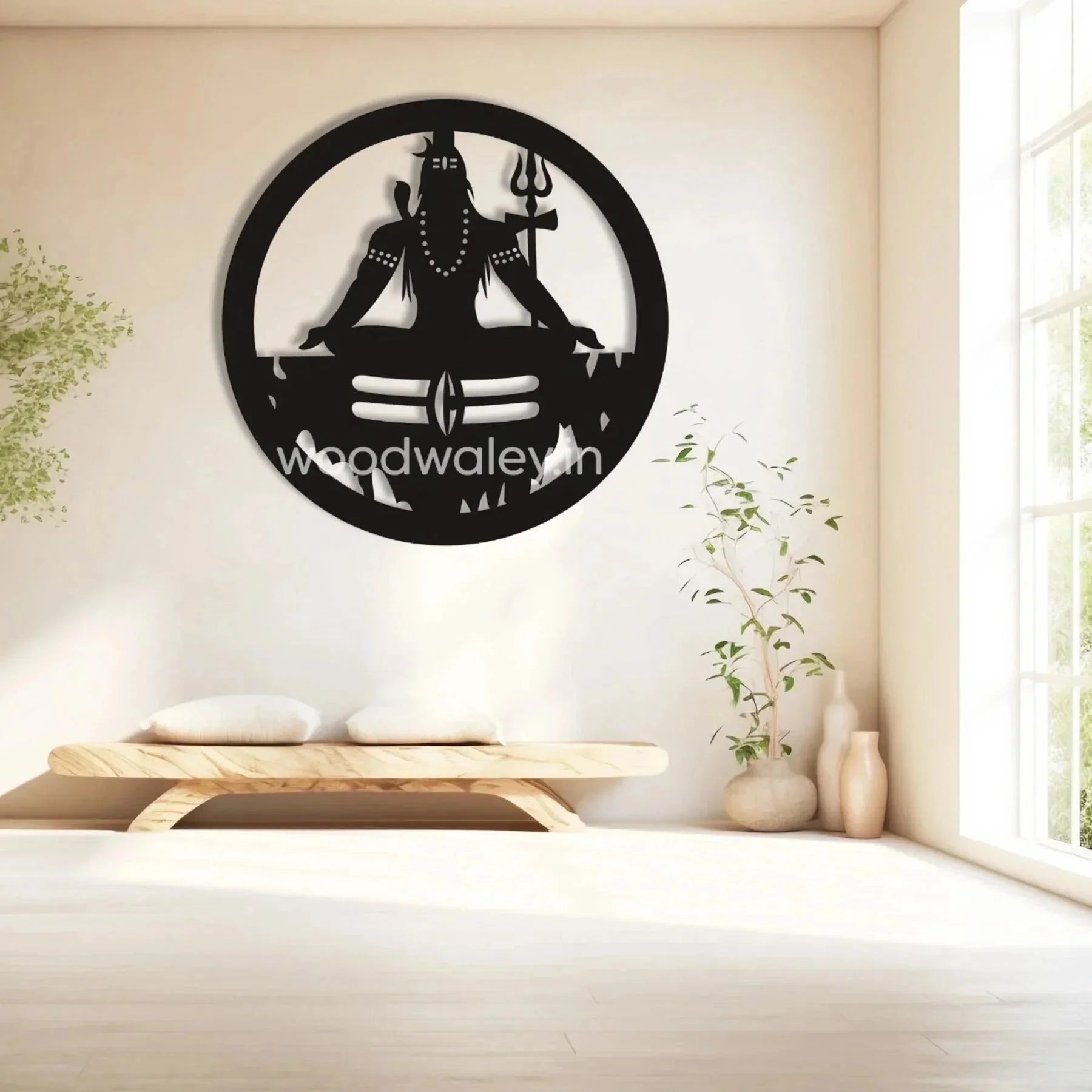 Handcrafted wooden wall decor featuring Lord Shiva silhouette in a modern living room.