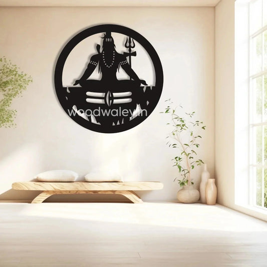 Handcrafted wooden wall decor featuring Lord Shiva silhouette in a modern living room.