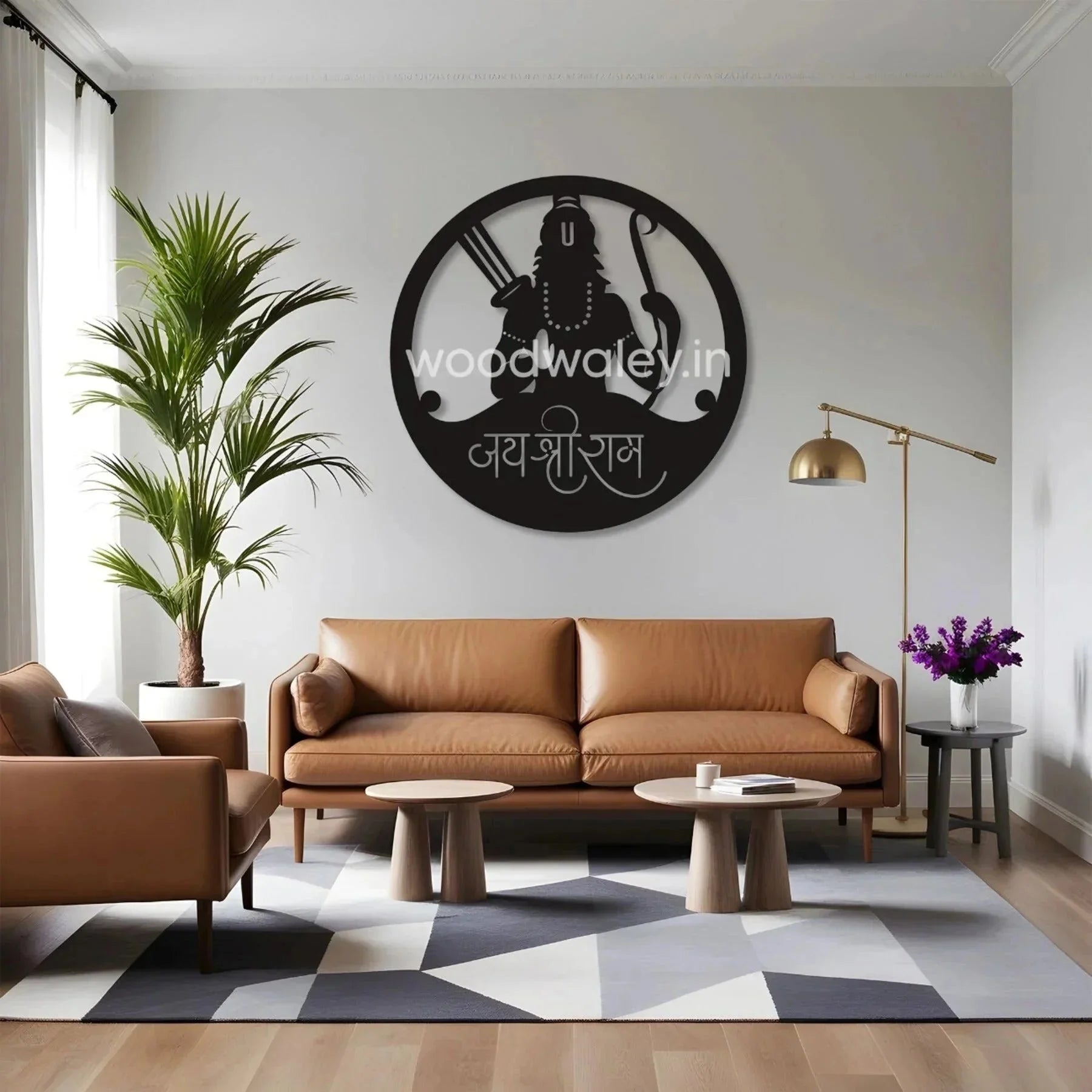 Handcrafted wooden wall art with deity silhouette above modern living room sofa, geometric rug, indoor plant, and minimalist decor.