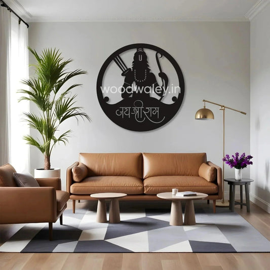 Handcrafted wooden wall art with deity silhouette above modern living room sofa, geometric rug, indoor plant, and minimalist decor.