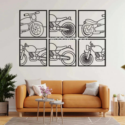 Handcrafted wooden motorcycle wall art above modern orange sofa in living room