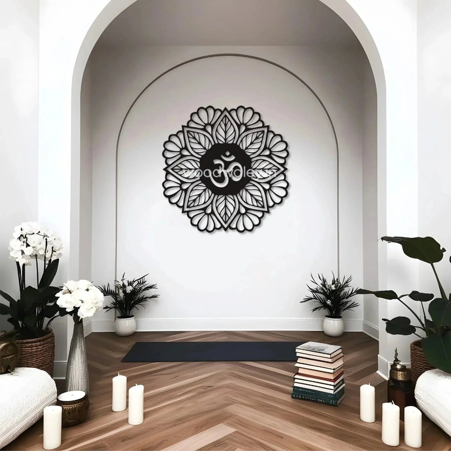 Handcrafted wooden wall decor with mandala design and Om symbol in modern home yoga space