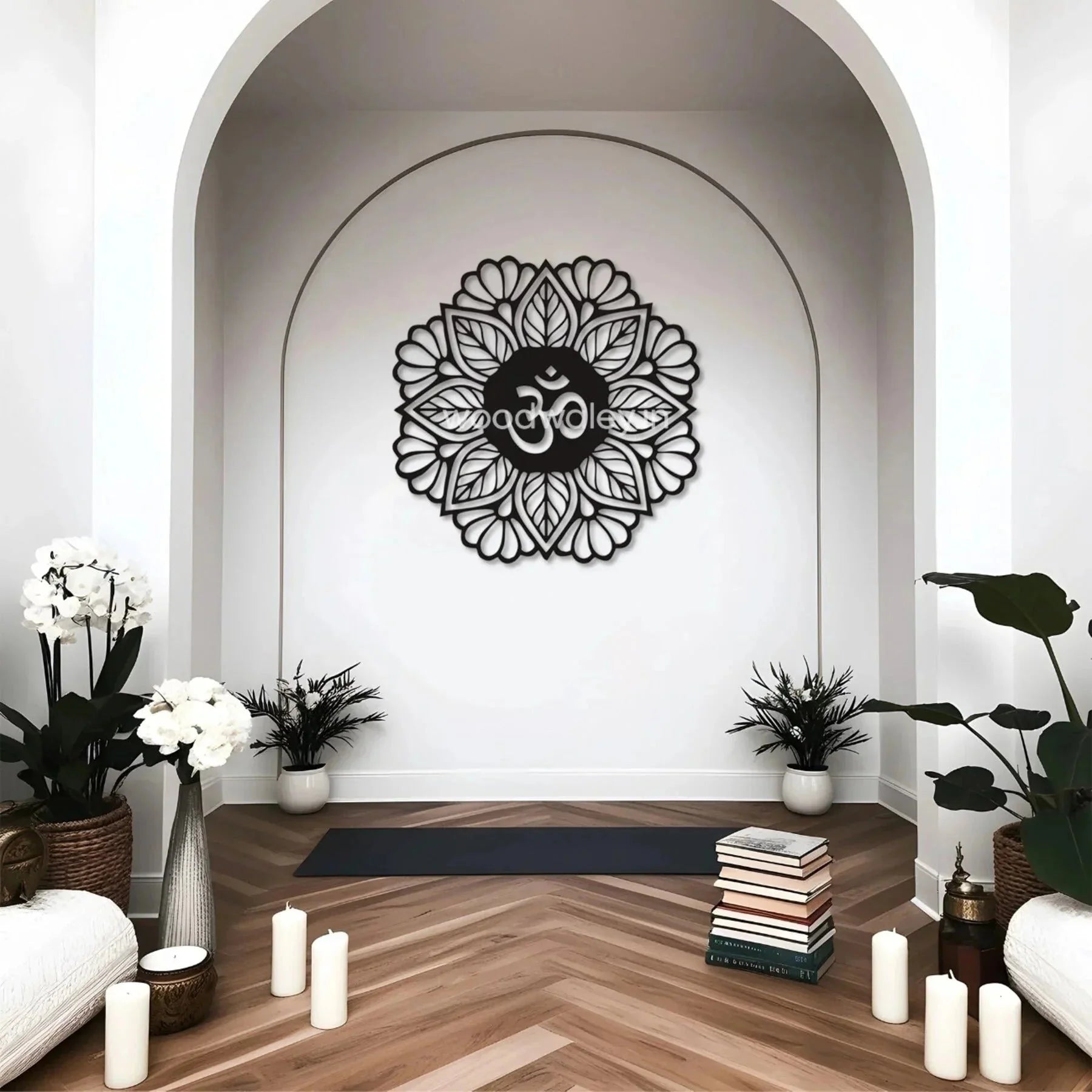 Handcrafted wooden wall decor with mandala design and Om symbol in modern home yoga space