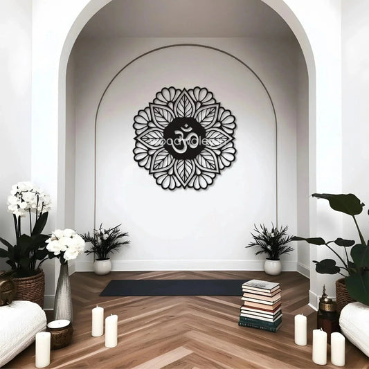 Handcrafted wooden wall decor with mandala design and Om symbol in modern home yoga space