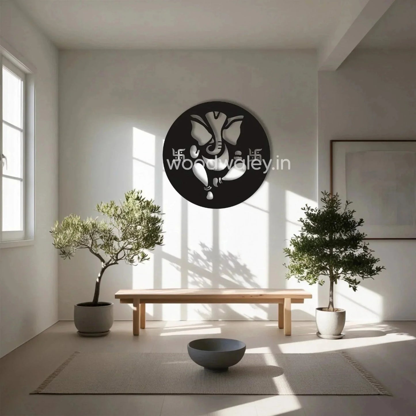 Handcrafted wooden Ganesha wall art in modern minimalist living room with natural light