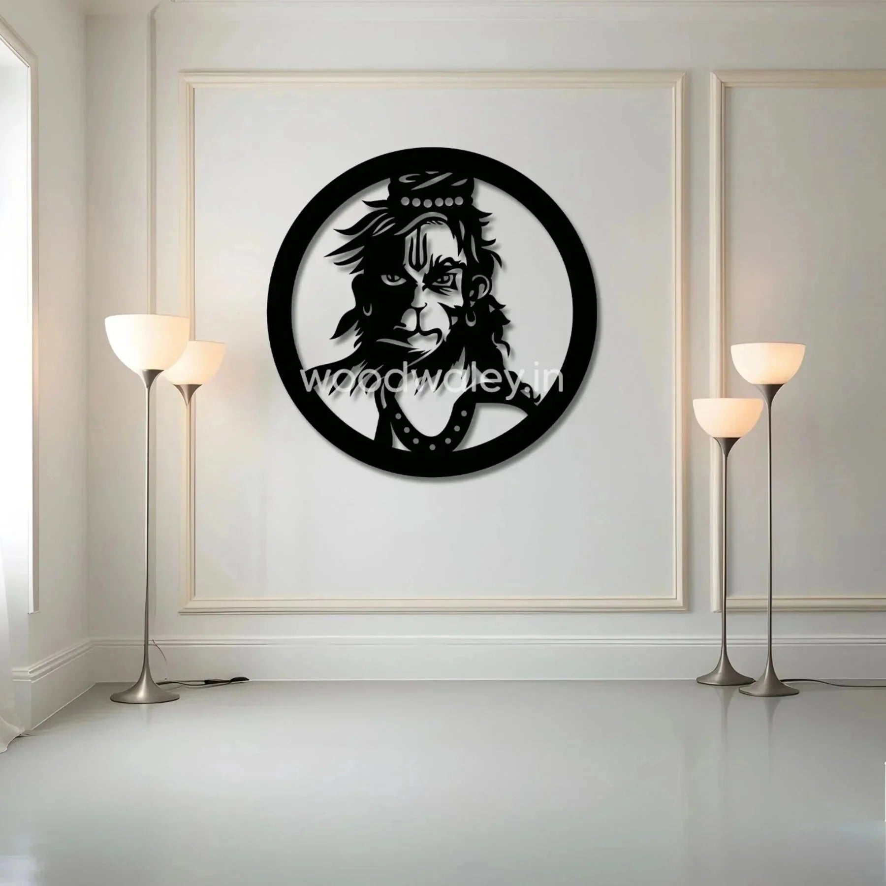 Handcrafted wooden wall art featuring a circular Shiva design in a modern living room setting