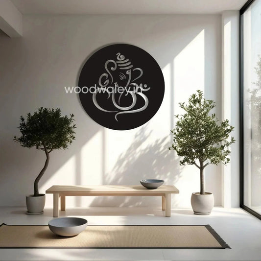 Minimalist wooden Ganesh wall art in a modern living room with potted plants and bench