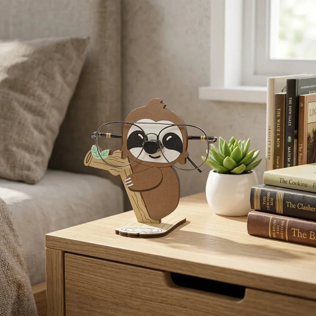 Napster Sloth The Spec Keeper — Carved Wooden Eyeglass Stand for Desk, Gifting — Unique Wooden Gift | Woodwaley