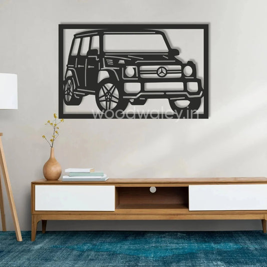 Handcrafted wooden wall art featuring a car silhouette above a modern console table