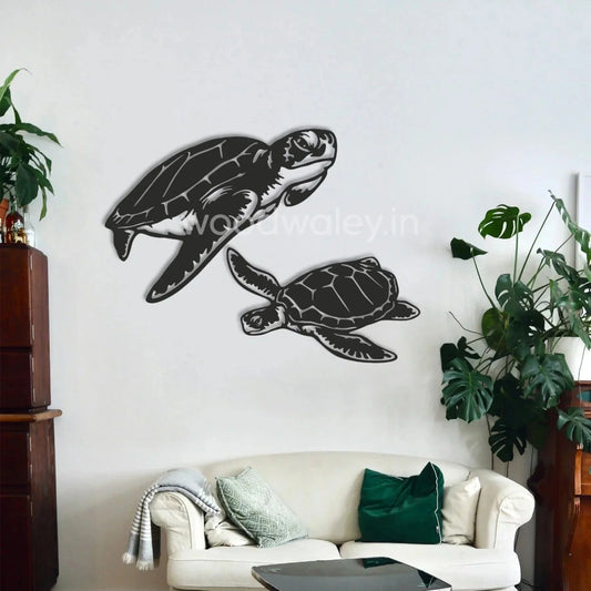 Wooden sea turtle wall art above a modern white sofa with green decor accents