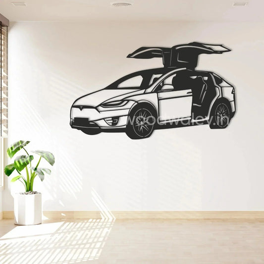Handcrafted wooden car wall art with gullwing doors in modern living room decor