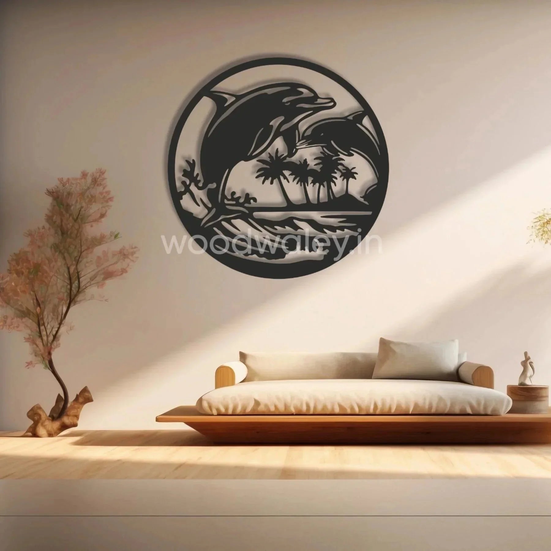 Laser-cut wooden dolphin wall art above minimalist sofa in modern living room decor