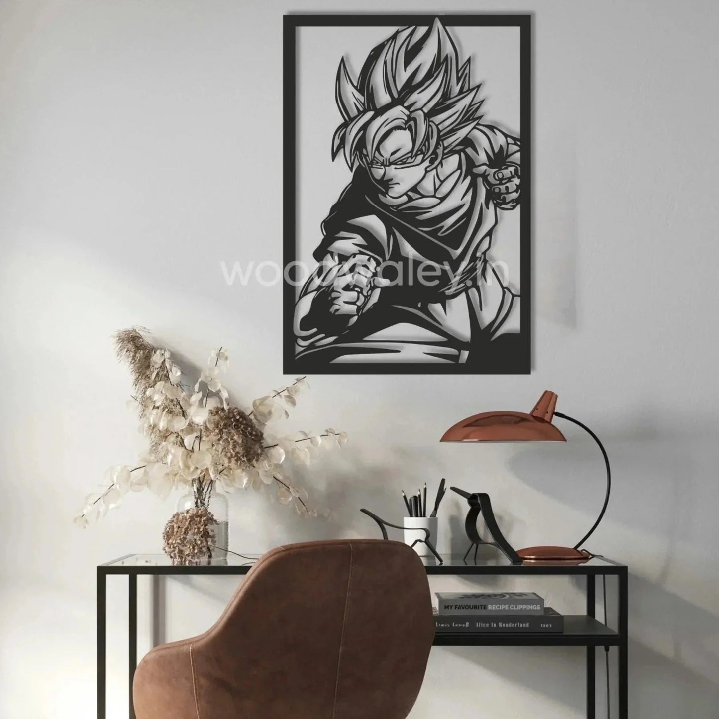 Handcrafted wooden anime wall art above modern desk with dried flower decor and brown chair