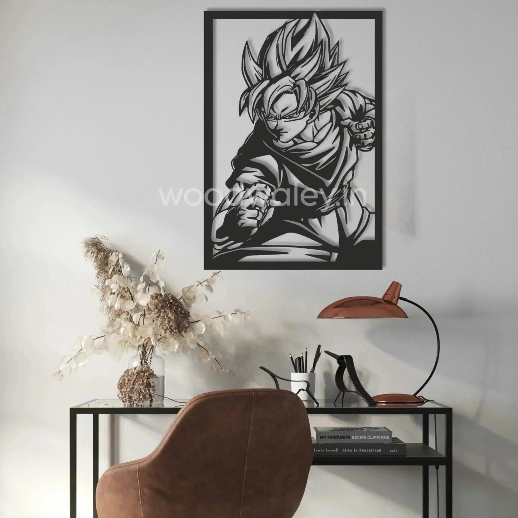 Handcrafted wooden anime wall art above modern desk with dried flower decor and brown chair