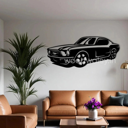 Handcrafted wooden car wall art decor above modern tan sofa in stylish living room