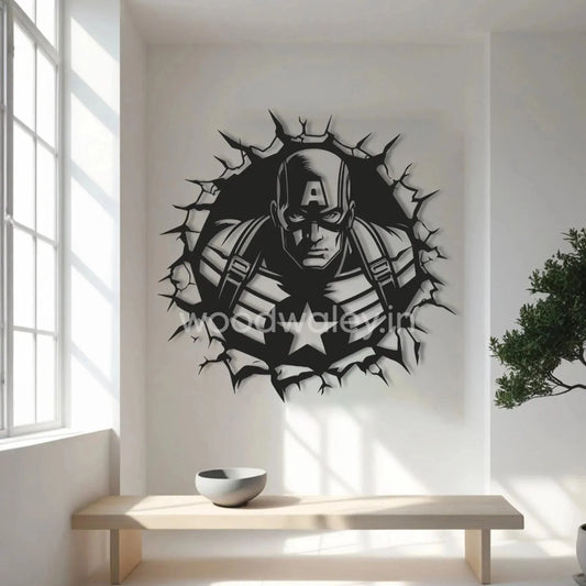 Handcrafted wooden superhero wall art with cracked wall effect in modern minimalist room