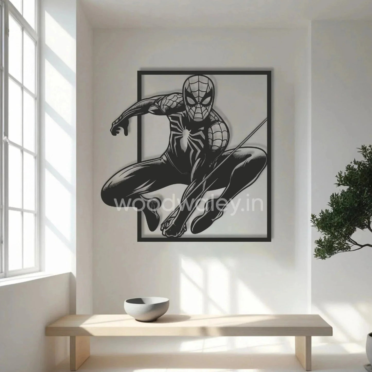 Black and white Spiderman wall art in modern minimalist living room decor