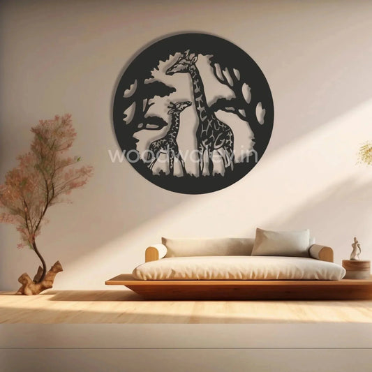 Handcrafted wooden wall art with giraffe design in modern living room decor