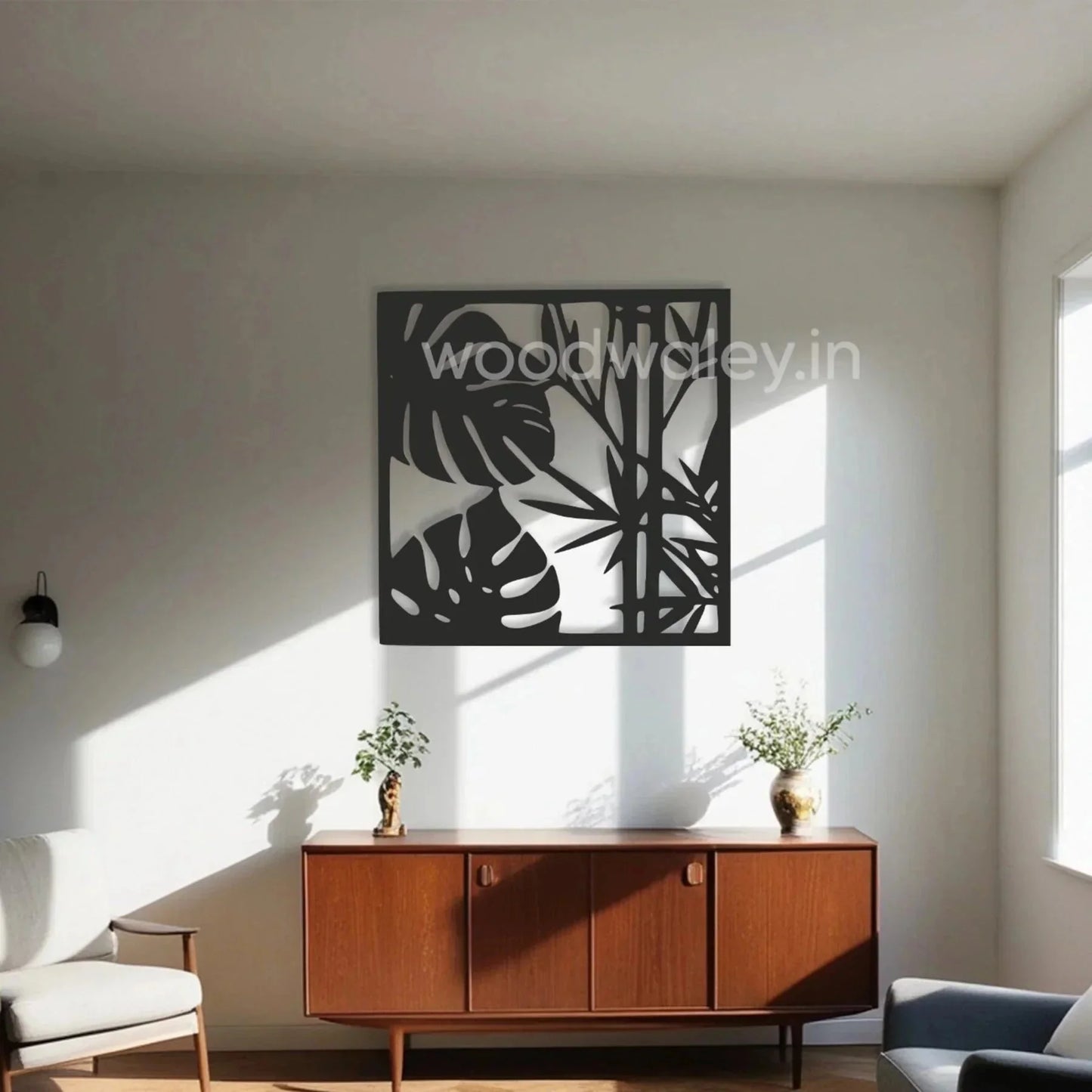 Modern living room with minimalist wooden decor, leafy wall art, and mid-century console table