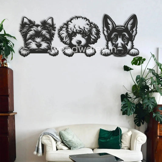 Handcrafted wooden dog wall art above a white sofa in a modern living room