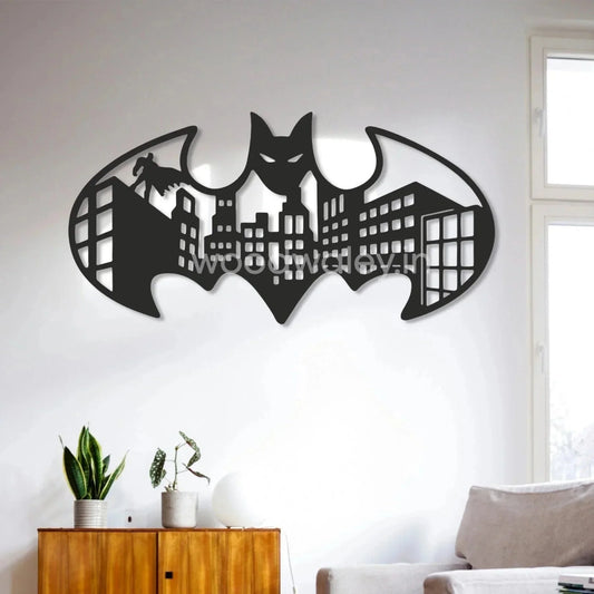 Handcrafted wooden wall art with bat silhouette and cityscape design in modern living room