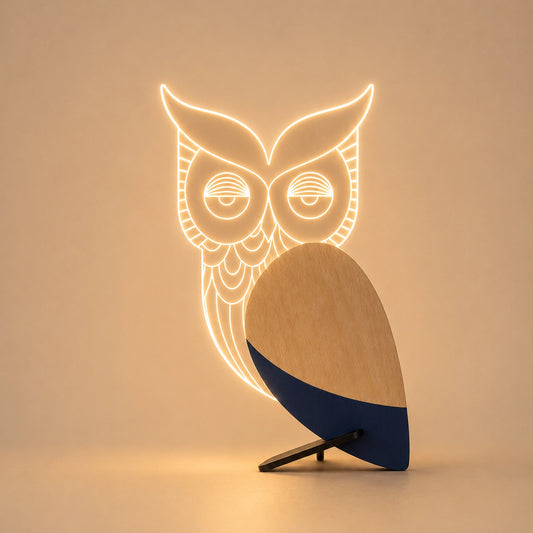 Owl Wooden Table Lamp glowing LED line-art silhouette warm light