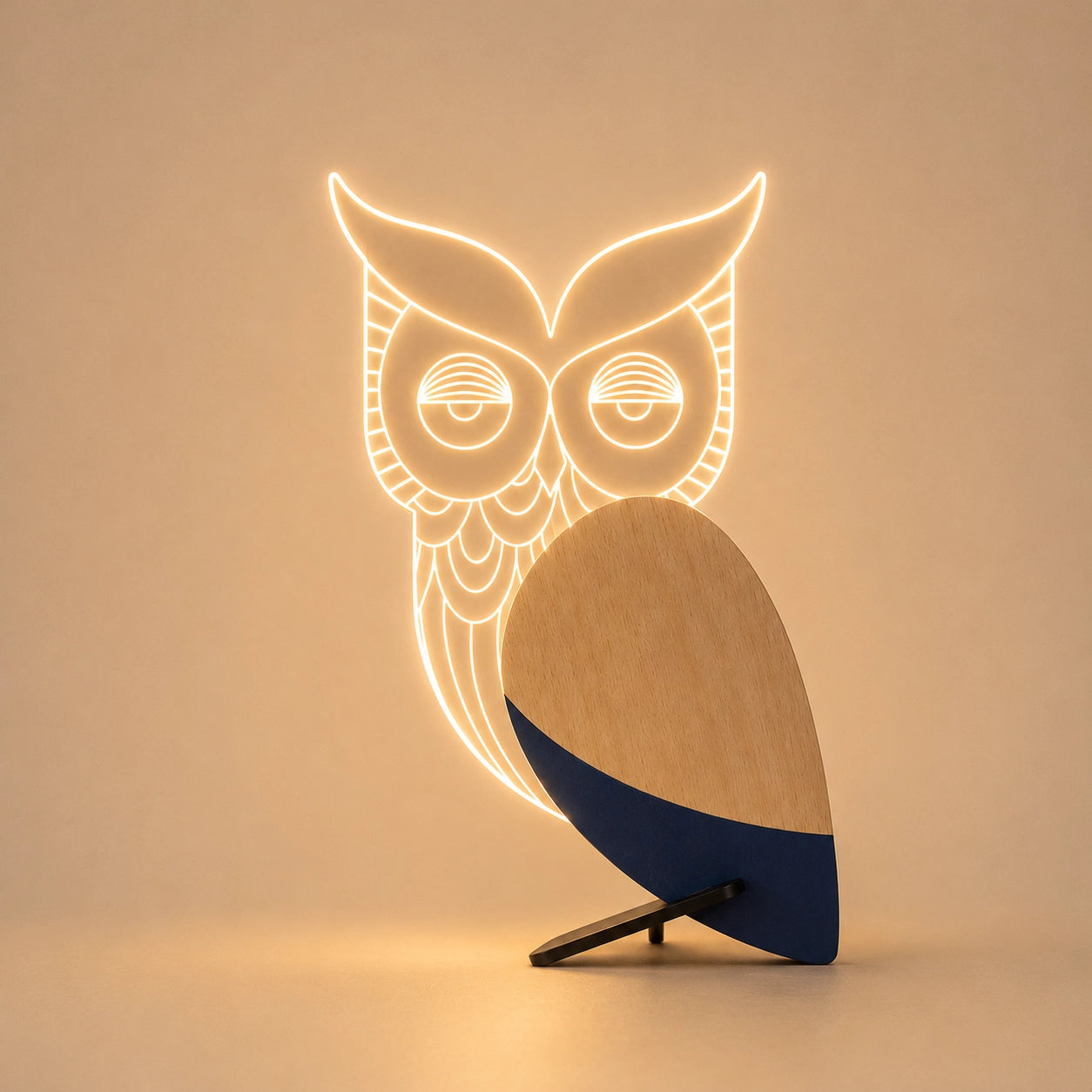 Owl Wooden Table Lamp glowing LED line-art silhouette warm light