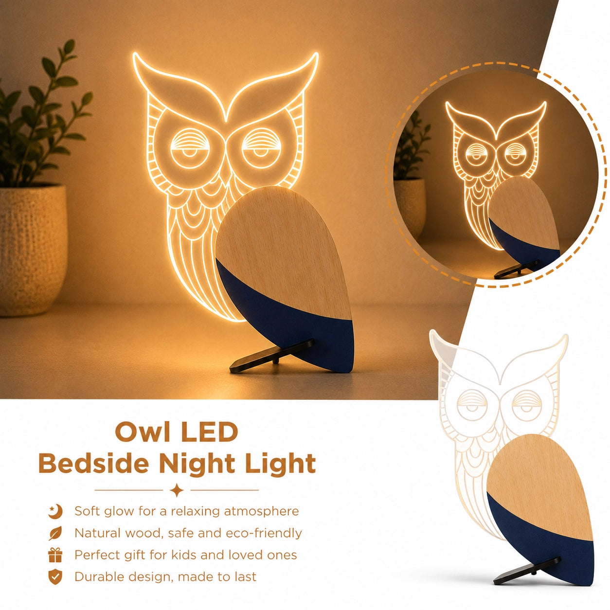 Owl LED Bedside Night Light natural wood eco-friendly lamp features