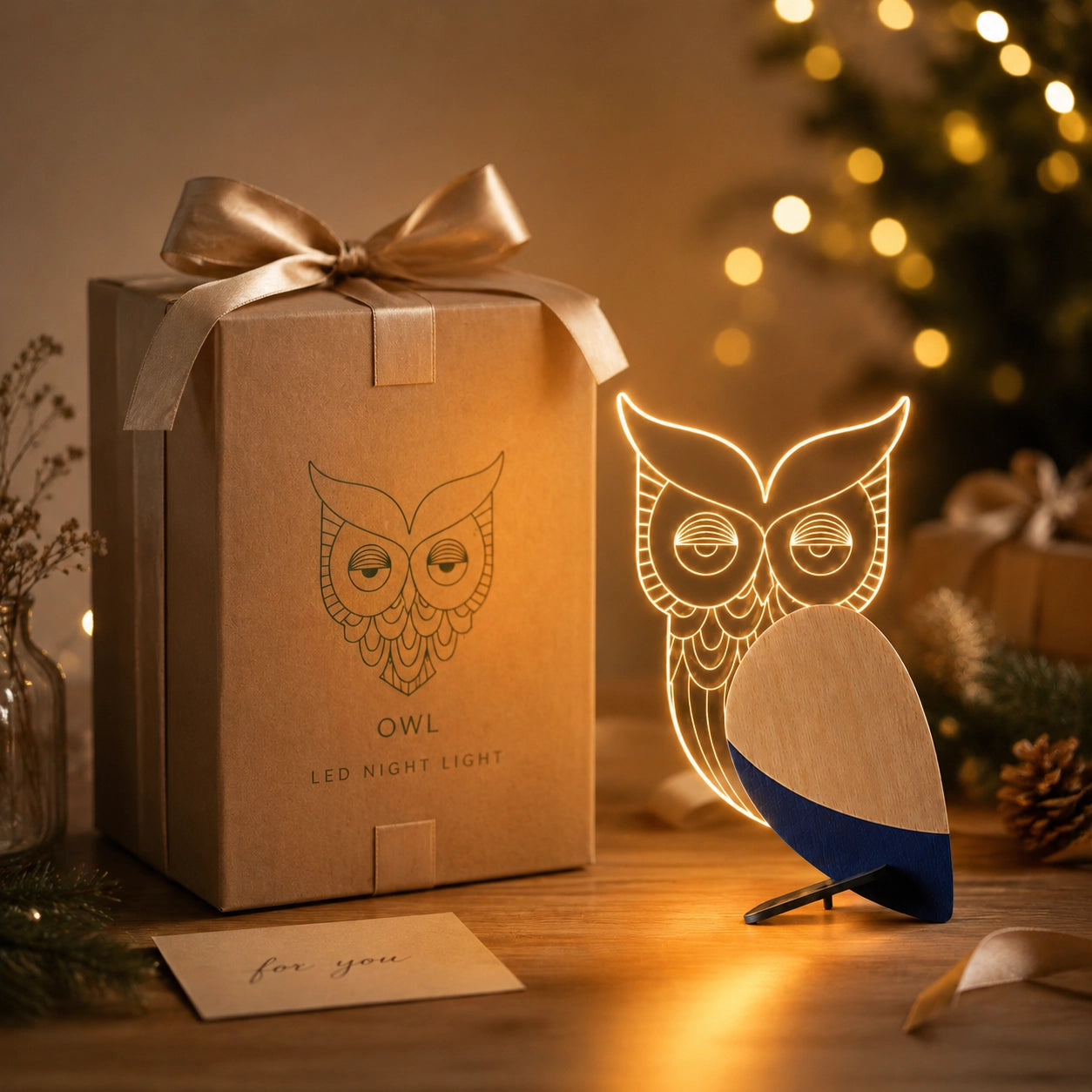 Owl Wooden Table Lamp gift box packaging festive lifestyle