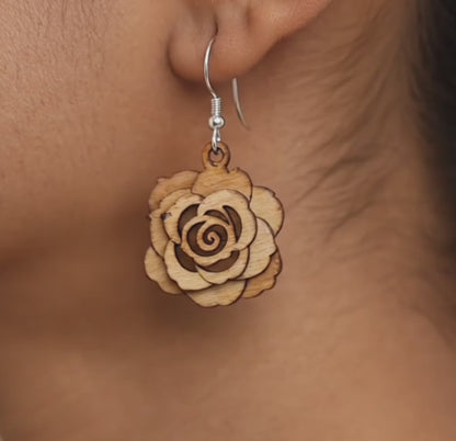 3D Wooden Rose Earrings: Sterling Silver Hooks, Floral Jewelry
