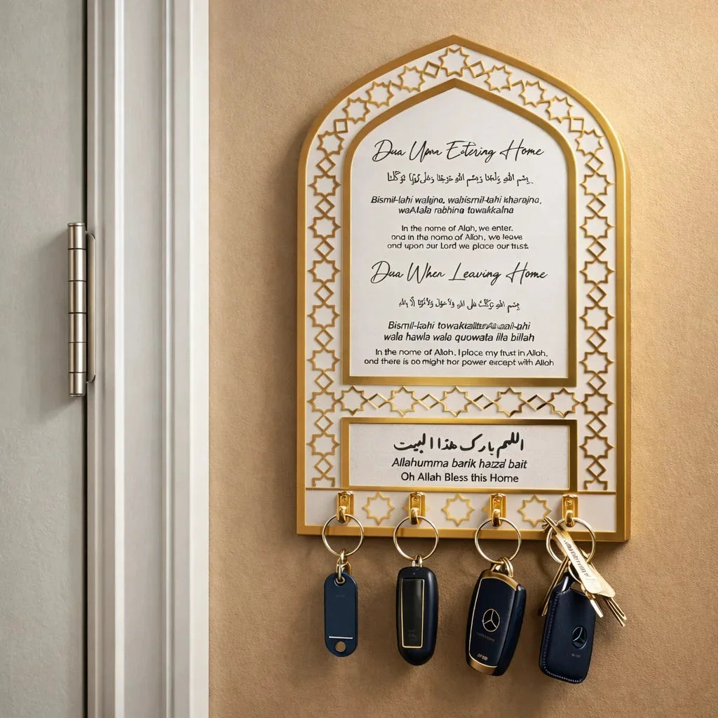 Acrylic Islamic Key Holder – Dua for Entering & Leaving Home | Elegant Islamic Wall Decor — Ramadan Wooden Gift | Woodwaley