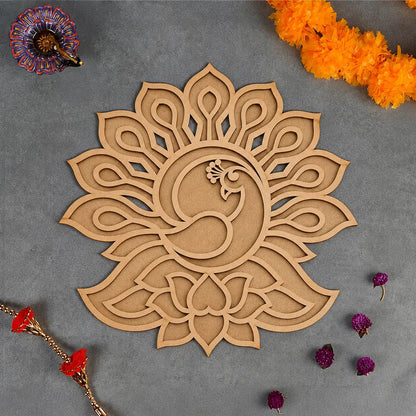 Peacock Floral Art Wooden Rangoli (Reusable DIY Template)