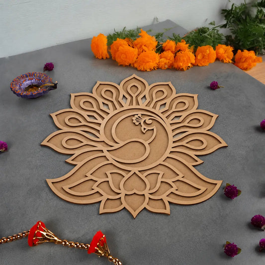 Peacock Floral Art Wooden Rangoli (Reusable DIY Template)