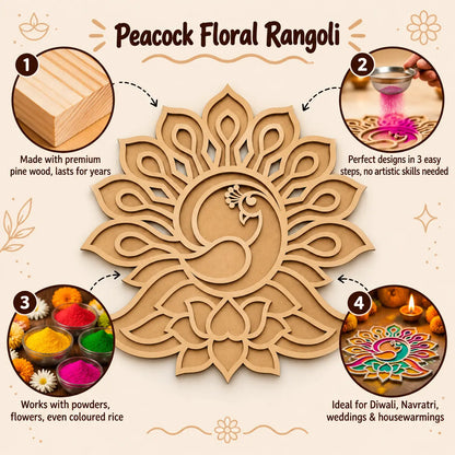 Peacock Floral Art Wooden Rangoli (Reusable DIY Template)