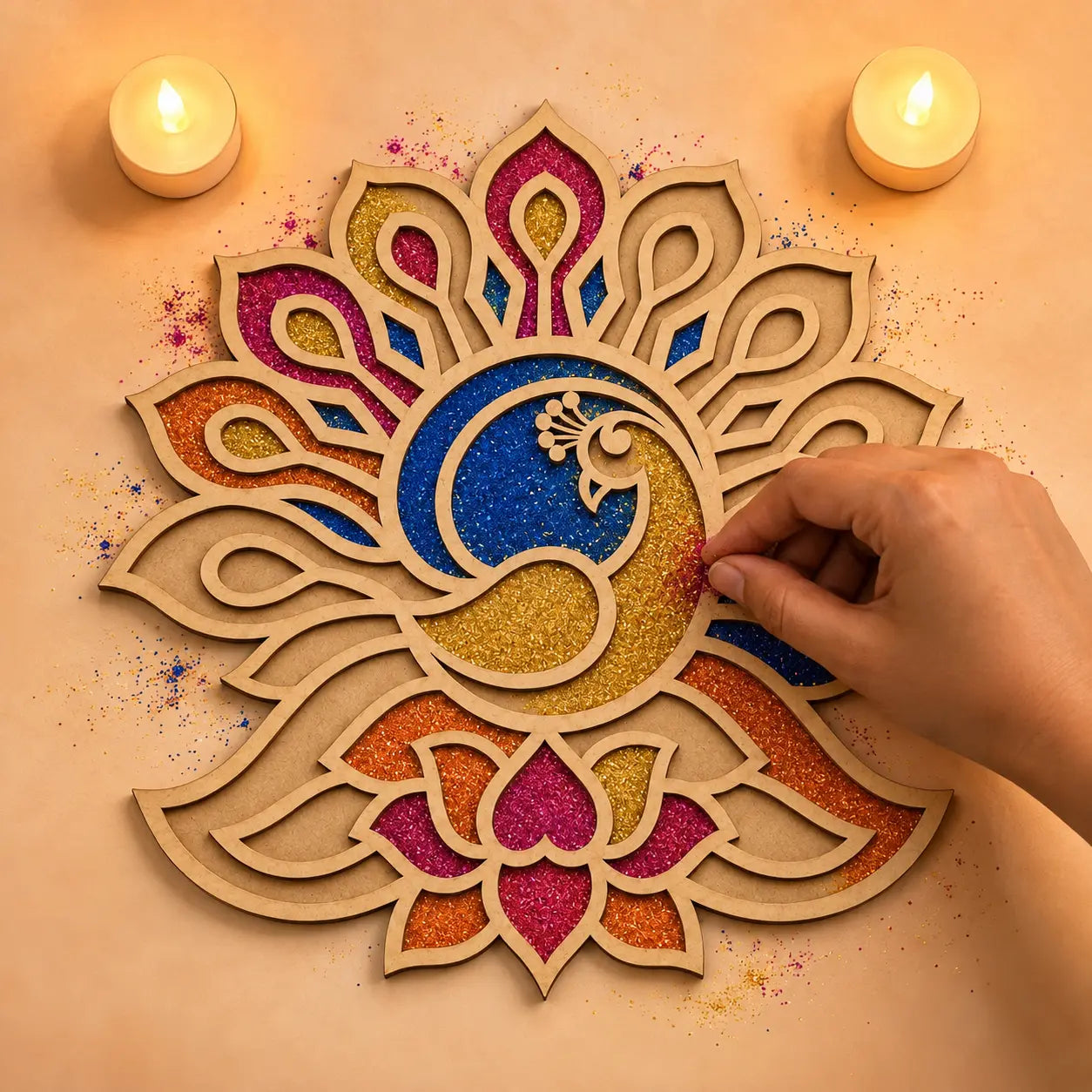 Peacock Floral Art Wooden Rangoli (Reusable DIY Template)
