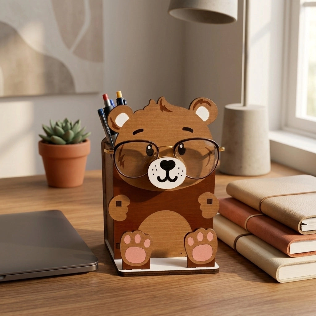 Professor Pawsworth — Personalized Wooden Bear Pen & Eyeglass Holder — Premium Wooden Decor | Woodwaley