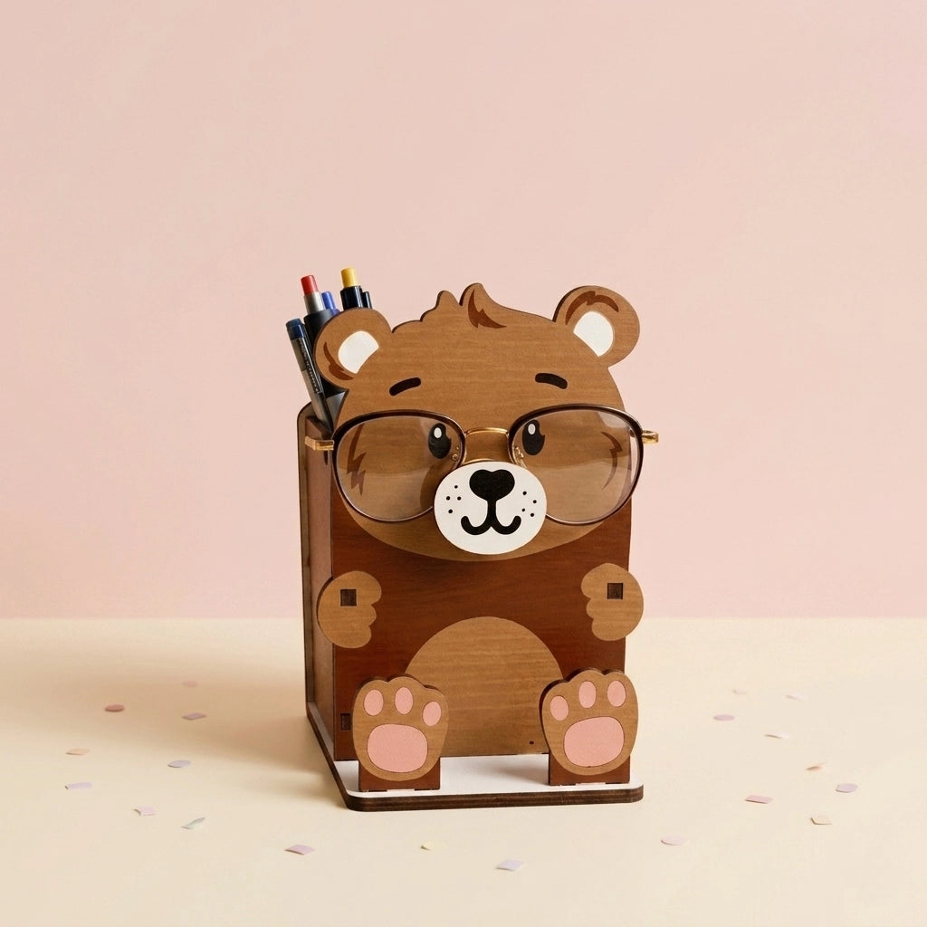 Professor Pawsworth — Personalized Wooden Bear Pen & Eyeglass Holder — Custom Wooden Keepsake | Woodwaley