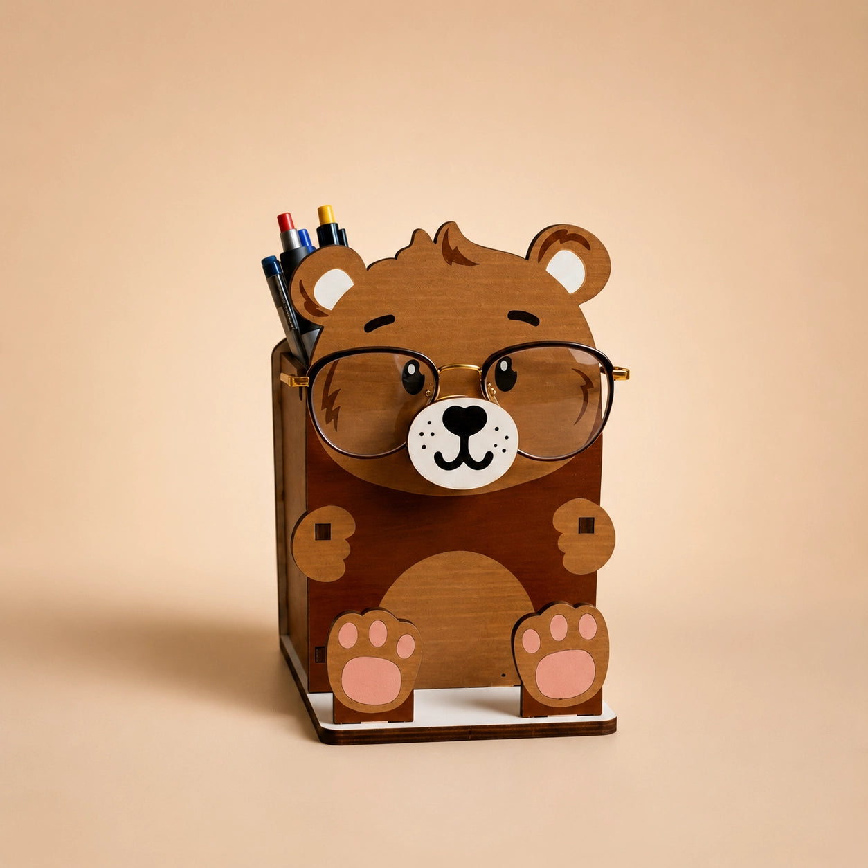 Professor Pawsworth — Personalized Wooden Bear Pen & Eyeglass Holder — Handcrafted Wooden Gift | Woodwaley