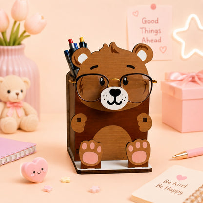 Professor Pawsworth — Personalized Wooden Bear Pen & Eyeglass Holder — Personalised Wooden Gift India | Woodwaley