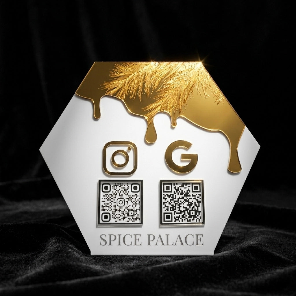Acrylic Social Media QR Code Sign – Custom Instagram Business Display | Gold Mirror Logo Stand | Modern Branding Signage