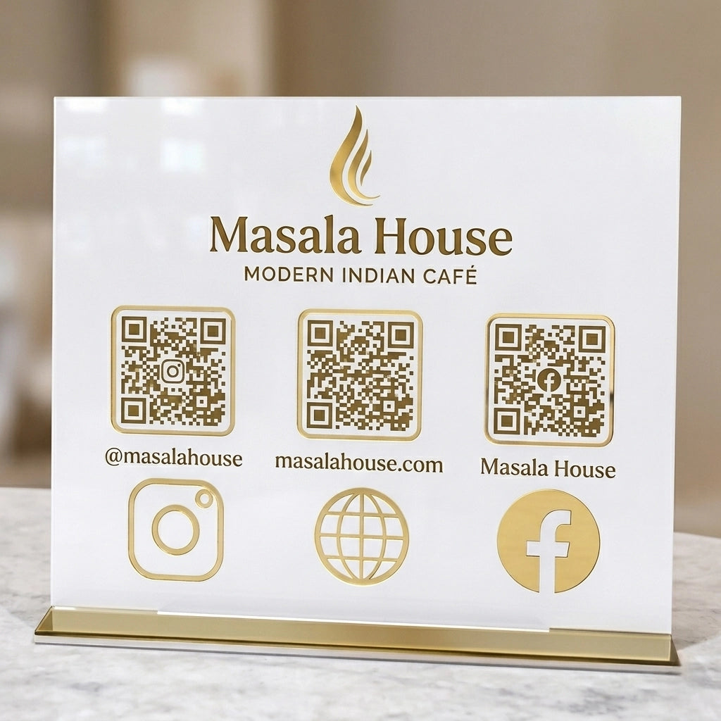 Gold Acrylic QR Code Stand — Social Media Scanner & Business Display — Custom Wooden Keepsake | Woodwaley