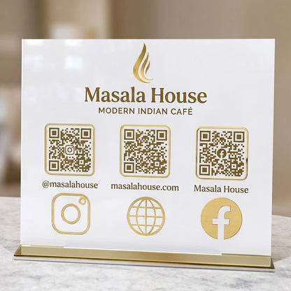 Gold Acrylic QR Code Stand — Social Media Scanner & Business Display — Custom Wooden Keepsake | Woodwaley