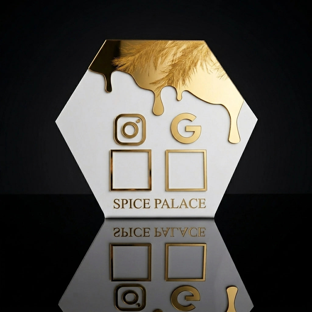 Acrylic Social Media QR Code Sign – Custom Instagram Business Display | Gold Mirror Logo Stand | Modern Branding Signage
