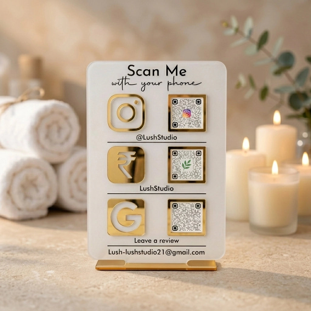 Triple QR Code Business Sign — Custom Acrylic Display Stand — Personalised Wooden Gift India | Woodwaley