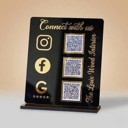 Black Custom QR Code Stand — Social Media & Google Review Acrylic Sign — Custom Wooden Keepsake | Woodwaley