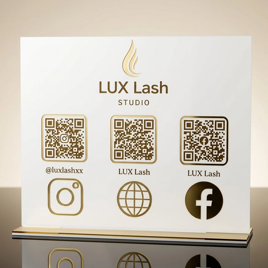 Acrylic Customizable QR Code Stand | Premium Social Media Scanner Display | Gold Mirror Finish QR Menu Stand for Business