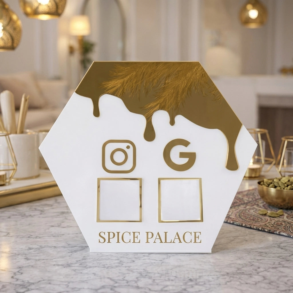Gold Mirror Acrylic QR Code Sign — Social Media & Instagram Business Display — Personalised Wooden Gift India | Woodwaley