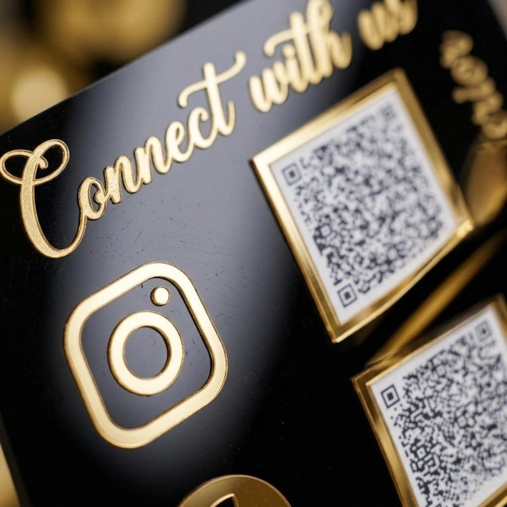 Black Custom QR Code Stand — Social Media & Google Review Acrylic Sign — Personalised Wooden Gift India | Woodwaley