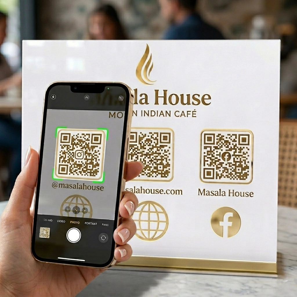 Gold Acrylic QR Code Stand — Social Media Scanner & Business Display — Unique Wooden Gift | Woodwaley