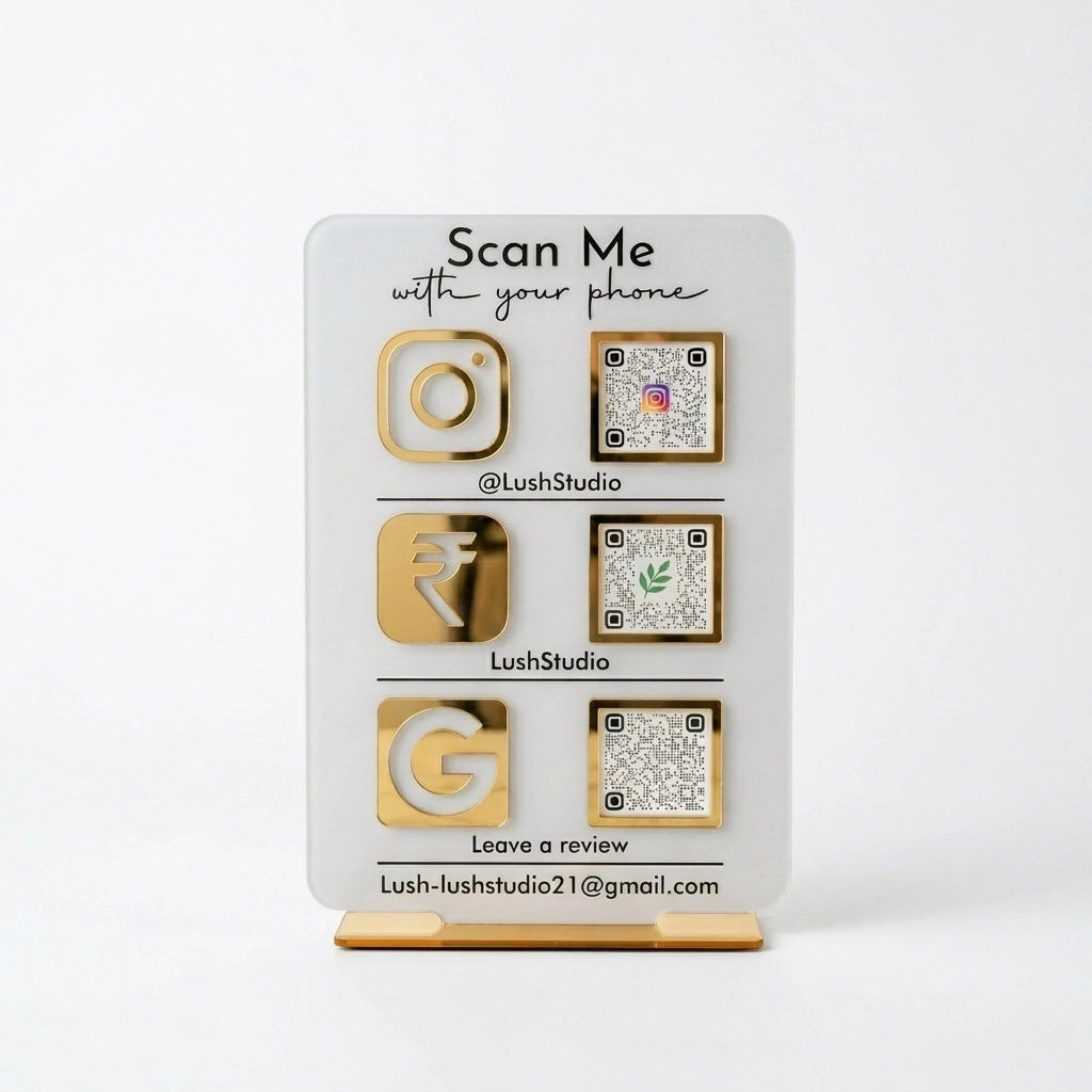 Triple QR Code Business Sign — Custom Acrylic Display Stand — Custom Wooden Keepsake | Woodwaley